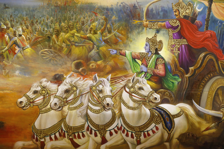 Jalaram Prathna hindu temple, Leicester. Fresco. Krishna the charioteer guiding Arjuna in the battlefield of Kurukshetra. United kingdom