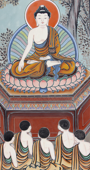 Life of Buddha As a Buddha, an awakened one, he returned to teach his five fellow practitioners the Noble Truth of Unsatisfactoriness, the Noble truth of the Cause (Craving), the Noble Truth of Cessation, and the Noble 8-fold Path leading to the cessation of all sufferingThe wheel of Dharma had been set in motion, Seoul, Coree du Sud