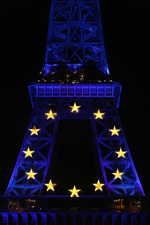 Eiffel tower lit up with European logo, Paris, France