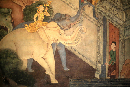 Prince Rama. Mural detail on inner walls of the Vihara from the era of king Rama III depicting the Ramakian. Wat Pho - Wat Phra Chettuphon. 1788. Bangkok. Thailand