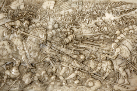 Basilica of St, Denis, Tomb of Francis 1 king of France and Claude of France, Foundation's low relief, Depiction of the battle of Marignano in 1515 - the victorious intervention of Francis 1, Saint-Denis, France