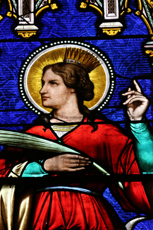 Sacred heart church. Stained glass window. Saint Catherine of Alexandria, also known as Saint Catherine of the Wheel, 20160604, Moulins, France