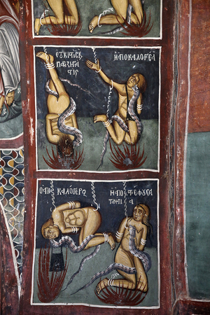 Panagia tis Asinou byzantine church. Fresco depicting hell, 20150509, Nikitari, Cyprus