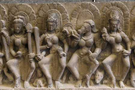 National museum of India, Delhi. Saptamatrikas (seven divine mothers). Pratihara, 10th century A.D. North India. Stone. Detail. India.