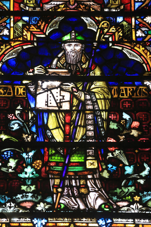 Adelardus. Bishop. Details. Coronation of the Virgin. Stained glass windows by Frantz Mayer de Munick 1884. Chapel of Notre Dame de la Ronde. St. Stephen Cathedral of Metz, Metz, France
