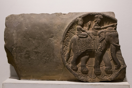 National museum of India, Delhi. King on elephant. Railing crossbar from a stupa. Shunga, 2nd century B.C., Mathura, Uttar Pradesh. Carved sandstone. India.