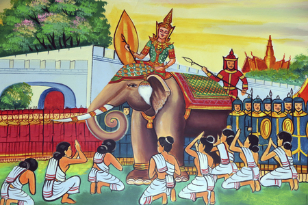 20151029, Vientiane, Laos : Wat Si Muang ( Simuong) buddhist temple. Painting depicting the life story of Shakyamuni Buddha