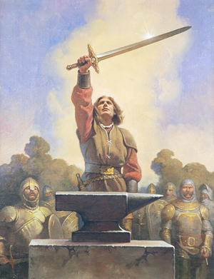 King Arthur and the Sword, illustration from 'King Arthur's Story', 1981 (colour litho)