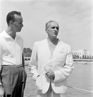 THE DIRECTOR RENE CLAIR WITH THE PRODUCER WALTER BORG - UNIFRANCE ITALIA AT THE XIX INTERNATIONAL FILM FESTIVAL IN VENICE LIDO - 1958