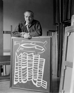 the painter Alberto Magnelli in his studio, 1950 (b/w photo)