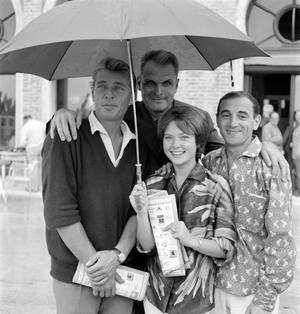 ANDRE CAYATTE WITH GEORGE RIVIERE, GUNDULA TRANTON AND CHARLES AZNAVOUR, VENICE, 1960 (photo)