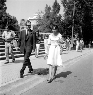 JEAN LUC GODARD WITH ANNA KARINA, 1965  (b/w photo)
