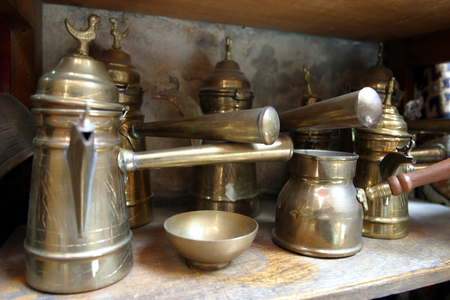 Coffee makers, teapots, crafts, souk from Damascus, Syria.