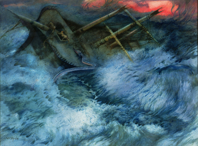 Wrecked Ship with Sea Serpent and Tigers (w/c on paper)