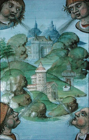 Ms Hunter 9 f.47v Four winds blowing at corners on a sea-girt landscape, from 'De Medina Fen I. II, by Avicenna (980-1037)' (vellum)