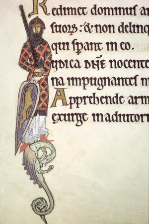 Ms Hunter 229 f.54v A Mailed Crusader, detail from the Hunterian Psalter, c.1170 (pen & ink and tempera on vellum)