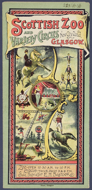 Publicity leaflet for the 'Scottish Zoo and Variety Circus', c.1890 (colour litho)