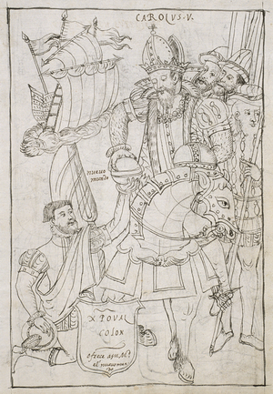 Ms Hunter 242 f.249r Christopher Columbus Symbolically offers the 'New World' to Charles V, 16th century (pen & ink on paper)