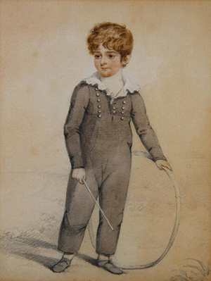 Boy with hoop (pencil & coloured wash on paper)