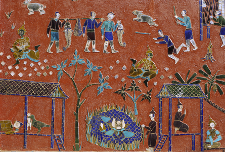 Laos, Luang Prabang, Buddhist temple Vat Xieng Thong, exterior mosaics, scenes from daily life (photo)