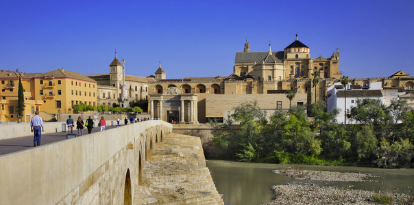 General view of the mosque from the Roman bridge and the banks of the Guadalquivir, Cordoba, Andalusia, Spain (photo)