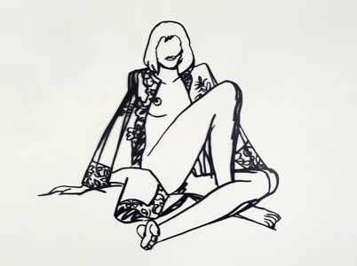 Monica sitting in robe, 1989 (enamel on cut-out steel)