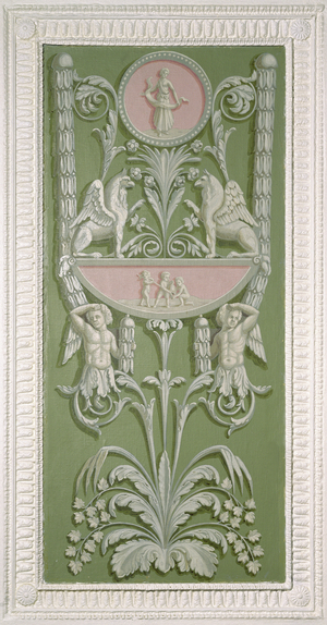 Detail of a painted door panel from the Green Dining Room in the First Apartment of the Catherine Palace, 1780-83 (photo)