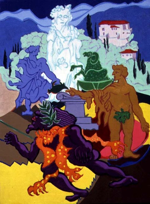 'A servant sacrifices a horned sheep to Peace', illustration no. 5 to 'Peace' by Aristophanes, 1985 (oil on canvas)