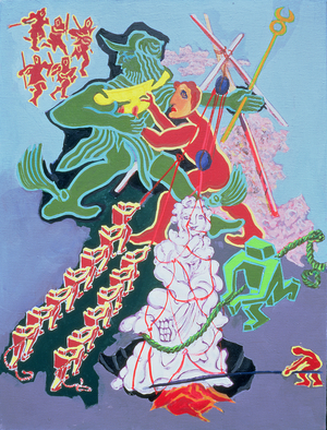 'Trygaeus bribing Hermes with a cup of gold', illustration no. 3 to 'Peace' by Aristophanes, 1985 (oil on canvas)