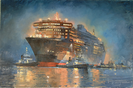 Queen Mary 2 - Her First Move (oil on canvas)