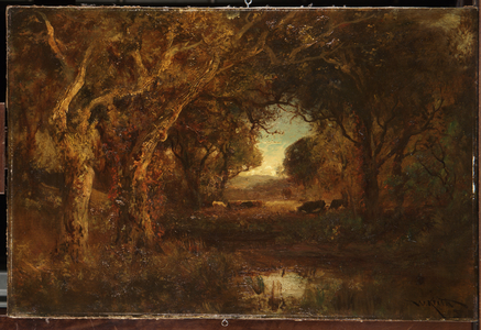 Sunset landscape with trees (oil on canvas)
