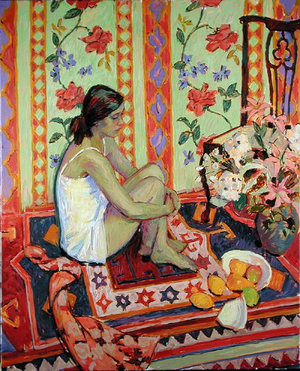 Seated Figure with Broken Bowl and Lemons (oil on canvas)