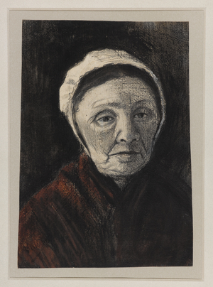 Head of an old woman in a Scheveninger cap, 1882-83 (charcoal, black and brown chalk on paper)