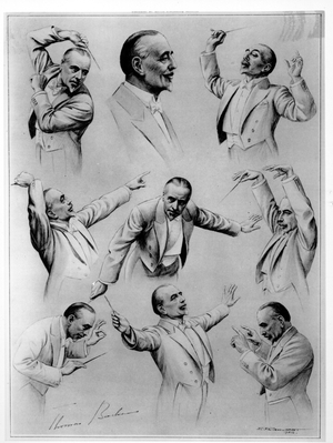 Sir Thomas Beecham conducting, from the Illustrated London News, 1936 (engraving) (b/w photo)