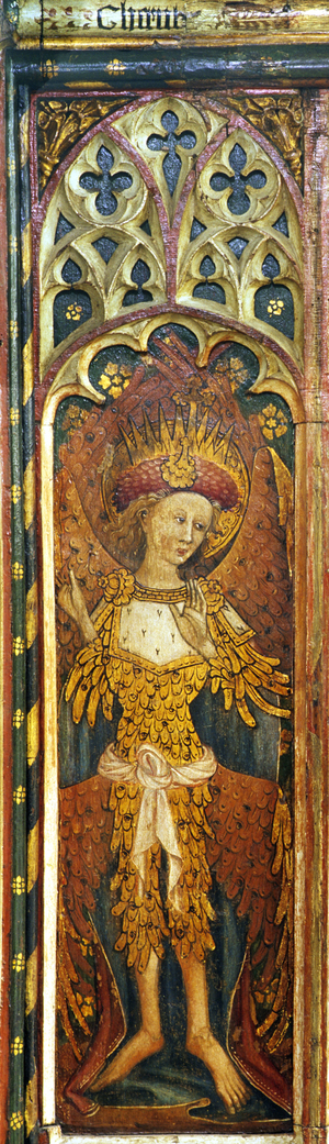 Cherubim, one of the Nine Orders of Angels, with gold plumage covered with eyes, Superior Hierarchy, detail of the rood screen, St. Michael's Church, Barton Turf, Norfolk, UK (tempera on wood) (see also 443814 to 443816, 443827 to 443830 and 443846 to 443850)