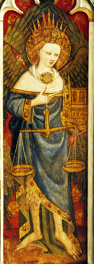 Thrones, holding a pair of scales, one of the Nine Orders of Angels, south screen, detail of the rood screen, St. Michael's Church, Barton Turf, Norfolk, UK (tempera on wood) (see also 443852, 443854 and 44368 to 443873)