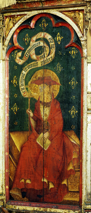 St. Jerome, wearing the red hat and gown of a cardinal, detail of the pulpit, Castle Acre Priory, Norfolk, UK (tempera on wood) (see also 443918 to 443922)