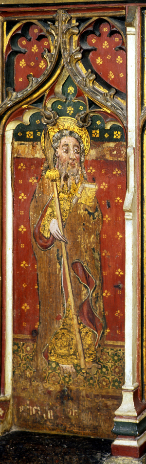 St. Thomas holding a Spear, detail of the rood screen, St. Agnes Church, Cawston, Norfolk, UK (tempera on wood)