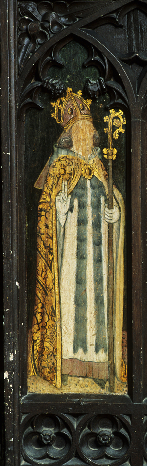 St. Augustine of Hippo, detail of the rood screen, St. Thomas Church, Foxley, Norfolk, UK (tempera on wood)
