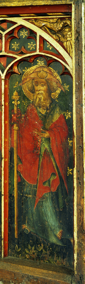 St. James the Great holding a pilgrim staff, detail of the rood screen, Castle Acre Priory, Norfolk, UK (see also 443903 to 443917)