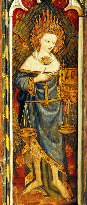 Thrones, holding a pair of scales, one of the Nine Orders of Angels, south screen, detail of the rood screen, St. Michael's Church, Barton Turf, Norfolk, UK (tempera on wood) (see also 443852, 443854 and 44368 to 443872)