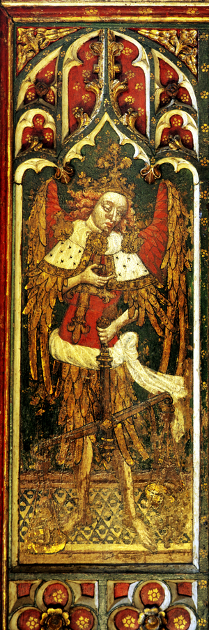 St. Michael the Archangel weighing Souls, detail of the rood screen, All Saints Church, Filby, Norfolk, UK, c.1450 (tempera on wood)