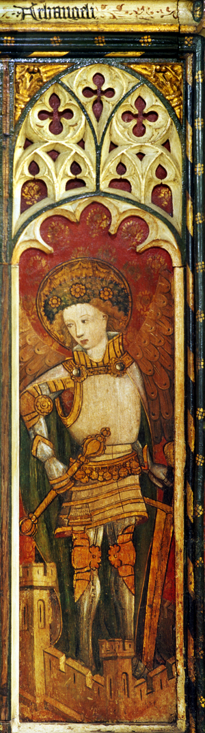 Archangels, one of the Nine Orders of Angels, Inferior Hierarchy, detail of the rood screen, St. Michael's Church, Barton Turf, Norfolk, UK (tempera on wood) (see also 443811, 443812, 443824, 443825 and 443826)