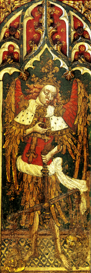 St. Michael the Archangel weighing Souls, detail of the rood screen, All Saints Church, Filby, Norfolk, UK, c.1450 (tempera on wood)