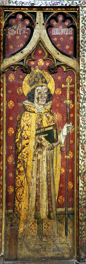 St. Ambrose, Bishop of Milan, detail of the rood screen, St. Agnes Church, Cawston, Norfolk, UK (tempera on wood)
