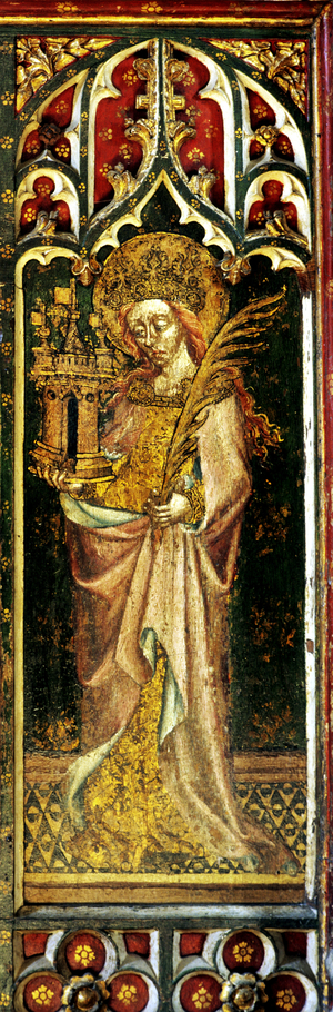 St. Barbara with Castle Tower, detail of the rood screen, All Saints Church, Filby, Norfolk, UK, c.1450 (tempera on wood)