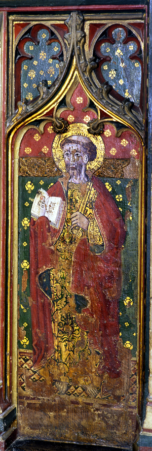 St. Peter holding the Keys, detail of the rood screen, St. Agnes Church, Cawston, Norfolk, UK (tempera on wood)