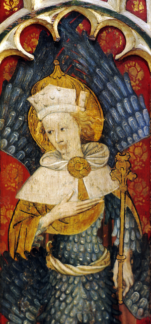 Virtues, one of the Nine Orders of Angels, holding a sceptre, Middle Hierarchy, detail of the rood screen, St. Michael's Church, Barton Turf, Norfolk, UK (tempera on wood) (see also 443817, 443819 and 332820)