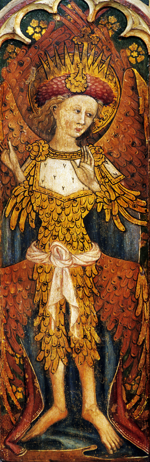 Cherubim, one of the Nine Orders of Angels, with gold plumage covered with eyes, Superior Hierarchy, detail of the rood screen, St. Michael's Church, Barton Turf, Norfolk, UK (tempera on wood) (see also 443814 to 443816, 443827 to 443831 and 443846 to 443850)