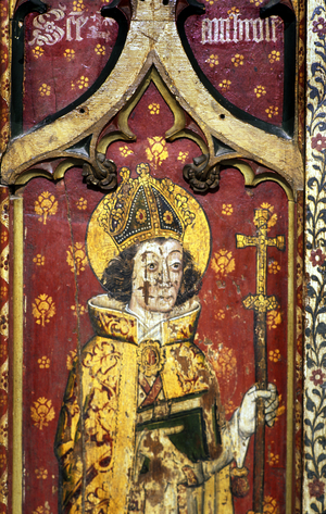 St. Ambrose, Bishop of Milan, detail of the rood screen, St. Agnes Church, Cawston, Norfolk, UK (tempera on wood)